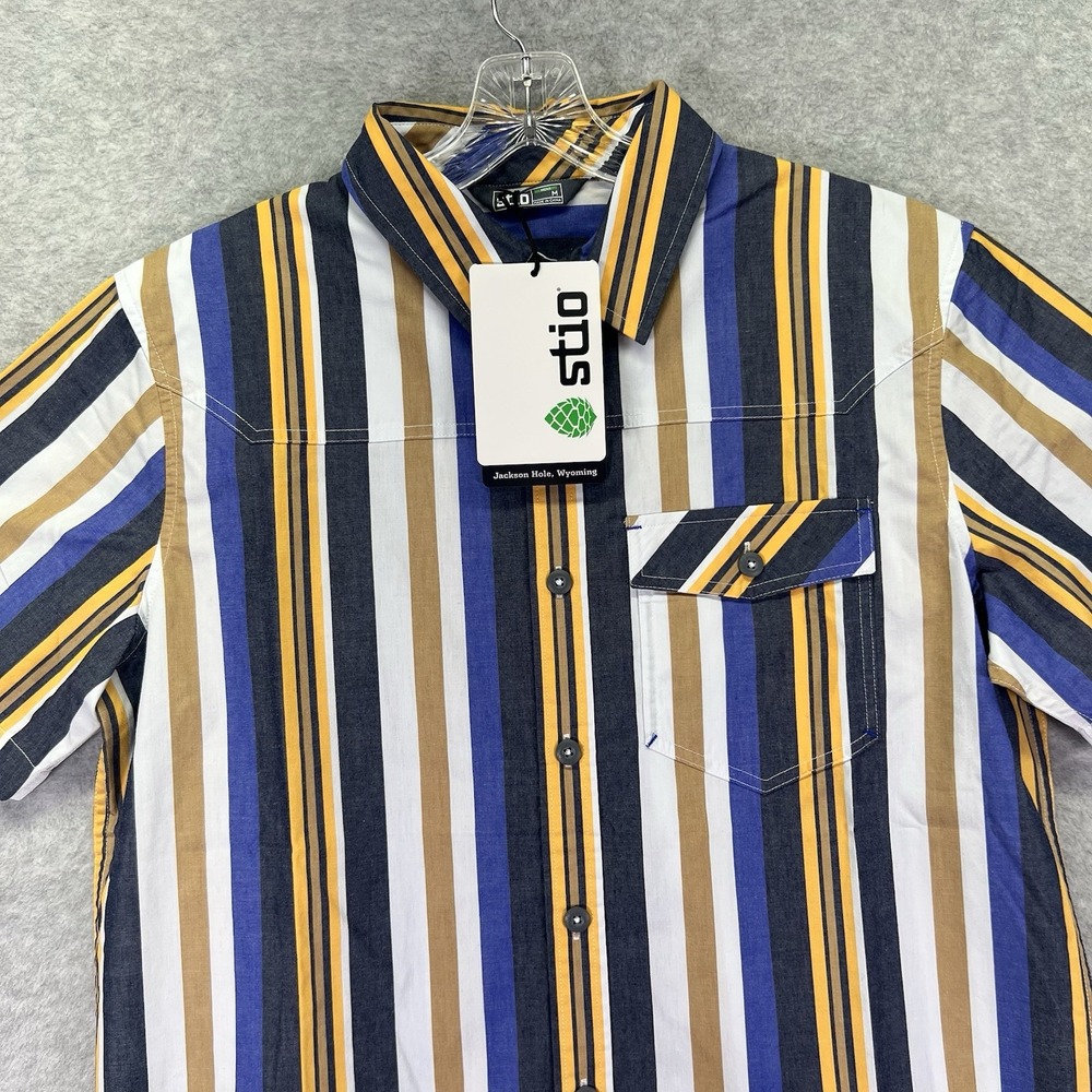 Stio Shirt Mens Medium Muted Mist Stripe Blue Curtis Camp Short Sleeve